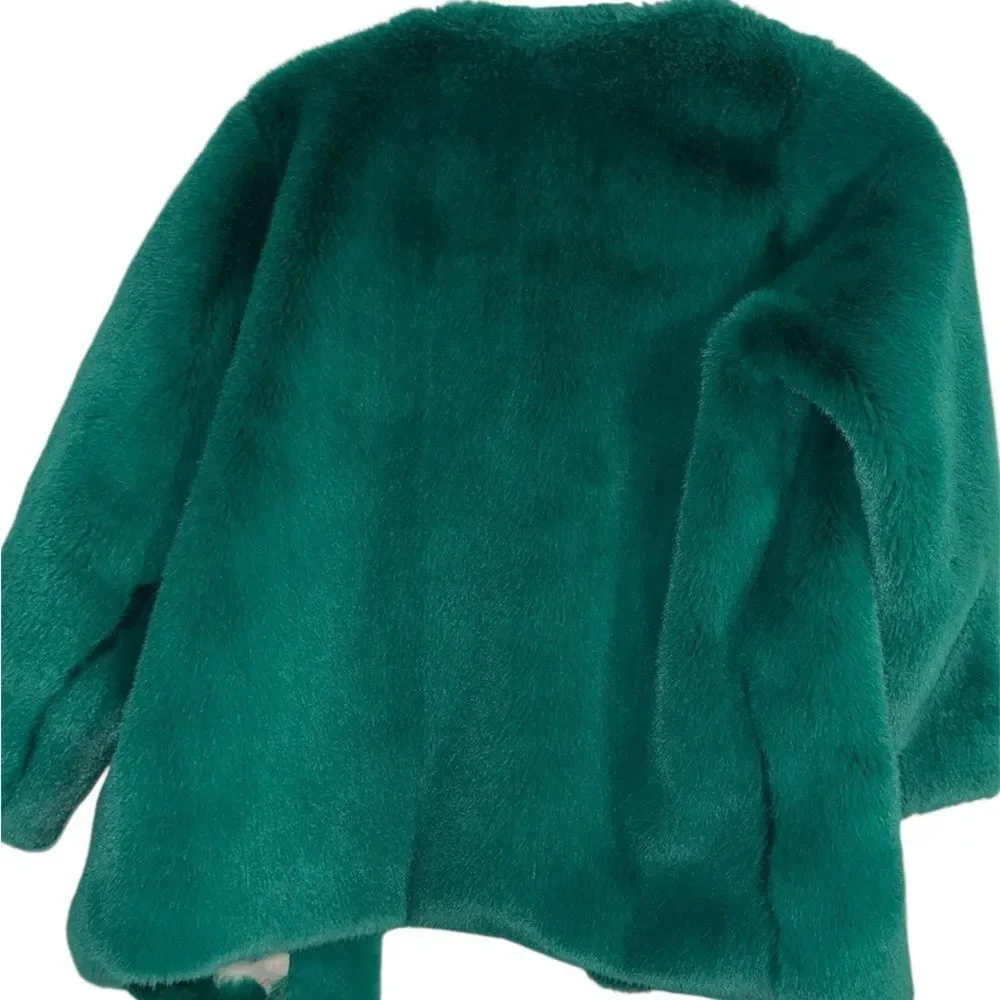 Le Motif Korean Designer Bejeweled Faux Fur Coat Girls XXL Emerald Green
